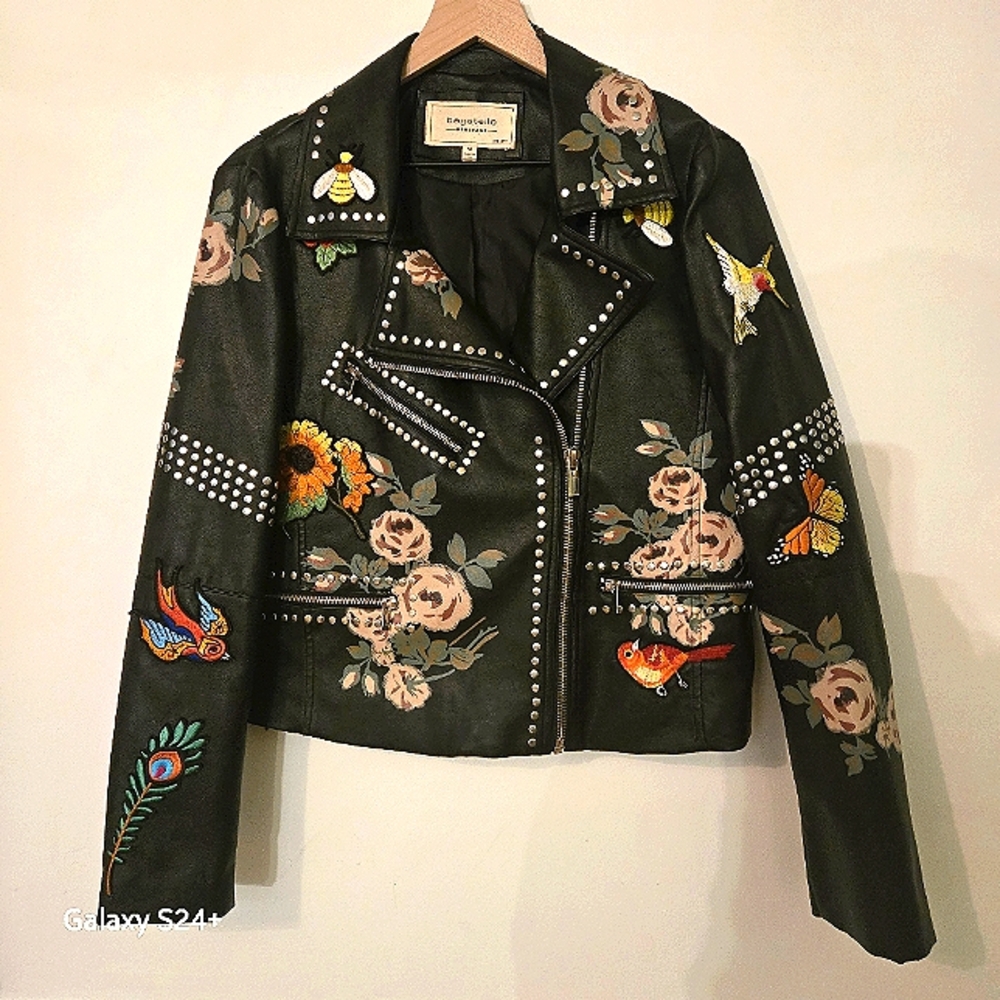 Bagatelle Pleather Black Studded Biker Jacket. M